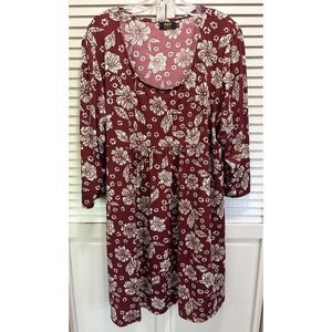 R&B Collection Floral Midi Dress‎ Size 3XL 3/4 Sleeve Scoop Burgundy/Cream Boho